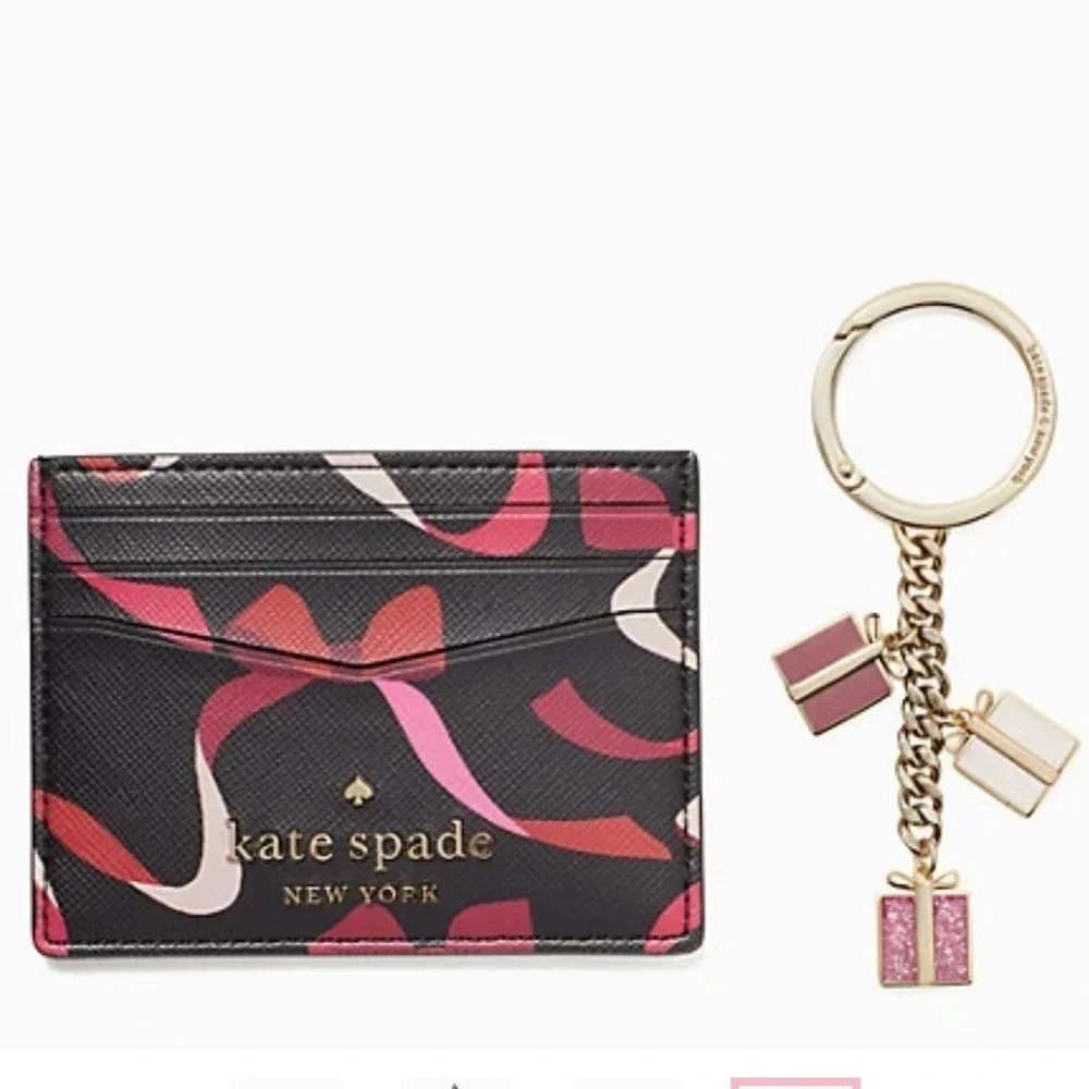 Kate Spade Staci Boxed Card Holder Small Wallet And Key Fob Ribbon Print